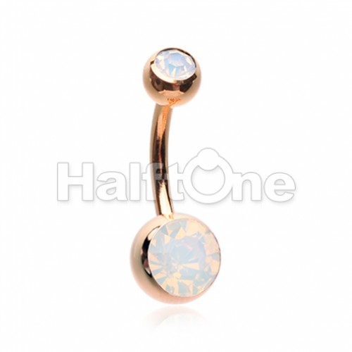 Rose Gold Opal Gem Double Stone Ball Steel Belly Button Ring