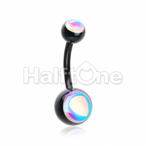 Black Double Moonstone Ball Inlay Steel Belly Button Ring