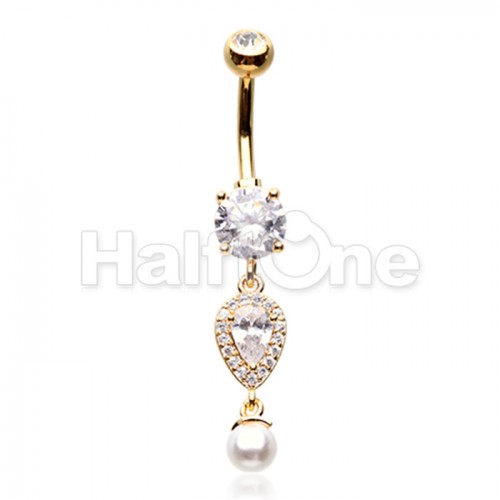 Golden Pearl Teardrop Sparkle Cubic Zirconia Belly Button Ring