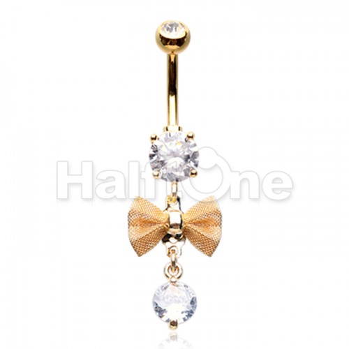 Golden Dainty Mesh Bow Cubic Zirconia Belly Button Ring