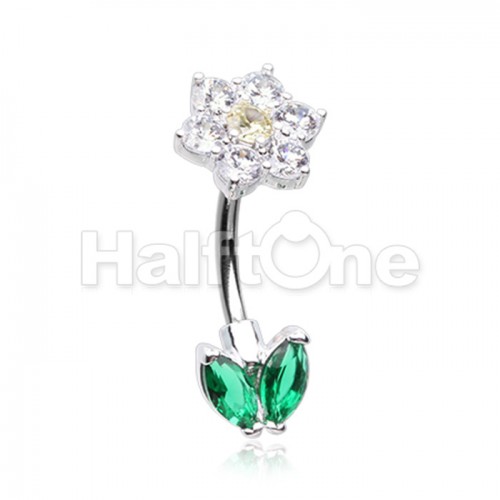 Double Icon Blooming Flower Cubic Zirconia Belly Button Ring