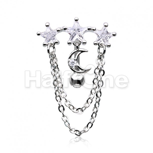 Chained Celestial Stars Cubic Zirconia Drop Top Reverse Belly Button Ring