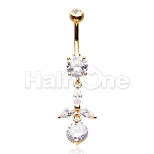 Golden Dainty Leaf Drop Cubic Zirconia Belly Button Ring