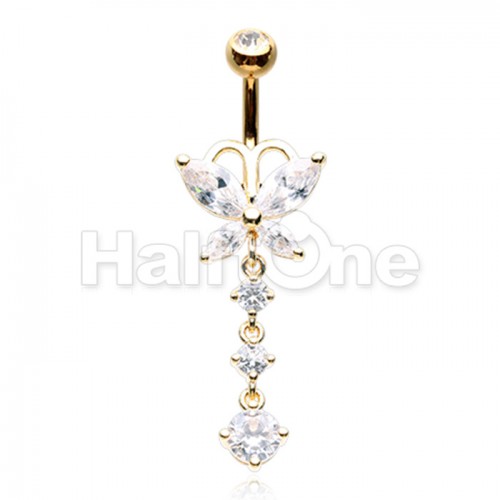 Golden Butterfly Dangle Drop Cubic Zirconia Belly Button Ring