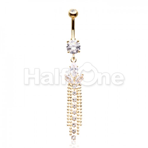 Golden Leaf Chain Drop Cubic Zirconia Belly Button Ring