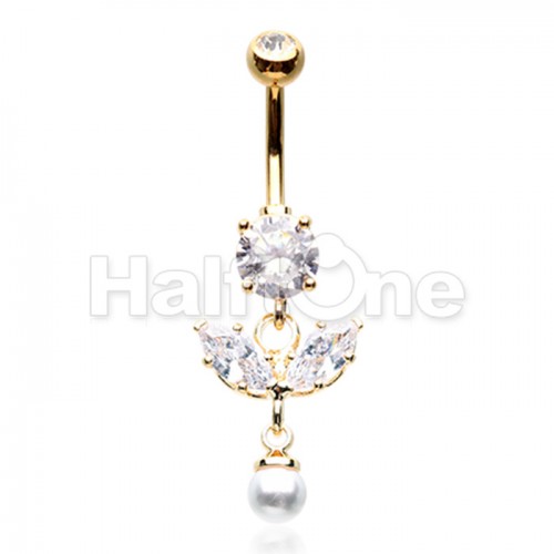 Golden Dainty Leaf Pearl Drop Cubic Zirconia Belly Button Ring