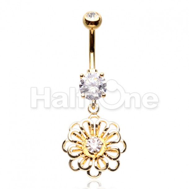 Golden Flower Dangle Cubic Zirconia Belly Button Ring