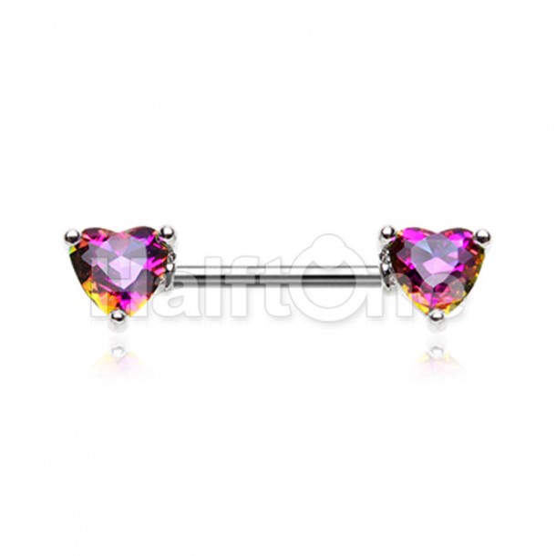Iridescent Double Heart Gem Nipple Barbell Ring Iridescent Double Heart Gem Nipple Barbell Ring