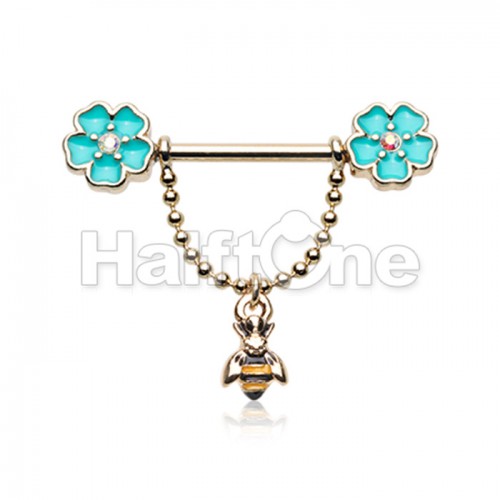 Golden In Bloom Flower Bee Dangle Chain Nipple Barbell Ring