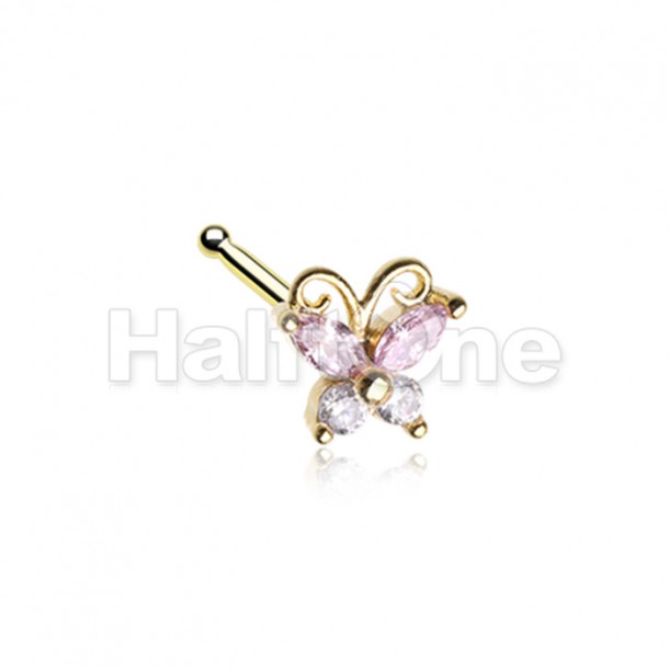 Golden Vintage Rose Pink Butterfly Nose Stud Ring