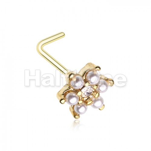 Golden Alluring Vintage Pearl Flower L-Shape Nose Ring