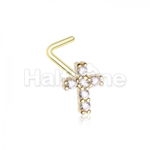 Golden Cubic Cross Prong Set Gem L-Shape Nose Ring