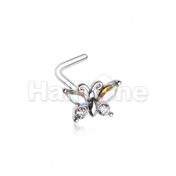 Iridescent Bling Butterfly L-Shaped Nose Ring
