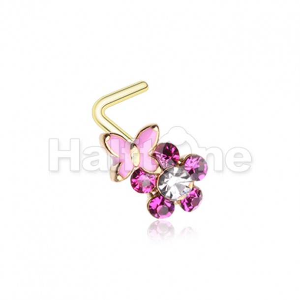Golden Butterfly on Flower L-Shaped Nose Ring