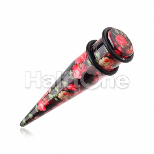 Black Pink Floral Print Acrylic Ear Stretching Taper