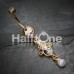 Golden Elegant Jeweled Pearl Dangle Belly Button Ring