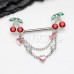 Push Pin CZ Cherry Heart Drop Dangle Chain Nipple Barbell Ring