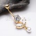 Golden Dainty Leaf Pearl Drop Cubic Zirconia Belly Button Ring
