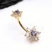 Golden Double Bloom Flower Cubic Zirconia Belly Button Ring
