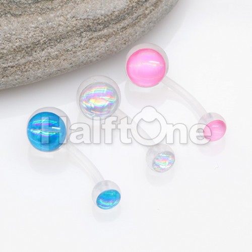 Holographic Acrylic Ball Bio Flexible Shaft Belly Button Ring Pink
