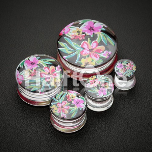 Freedom Fashion Hawaiian Flower Print Acrylic UV Double Flared Ear Gauge Plug Sold by Pair Freedom Fashion Hawaiian Flower Print Acrylic UV Double Flared Ear Gauge Plug Sold by Pair